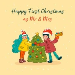 Merry First Christmas As Mr. And Mrs. Adorable Couple Decorating Christmas Tree Confetti-exploding Greetings Card -Merry Moments 1 9f376819 a6d9 42dd 8fe5 023253e283c4
