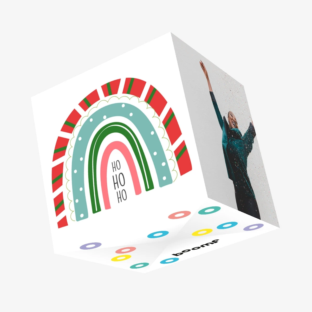 Red Rainbow Ho Ho Ho Christmas Confetti-exploding Greetings Card 3 Red Rainbow Ho Ho Ho Christmas Confetti-exploding Greetings Card