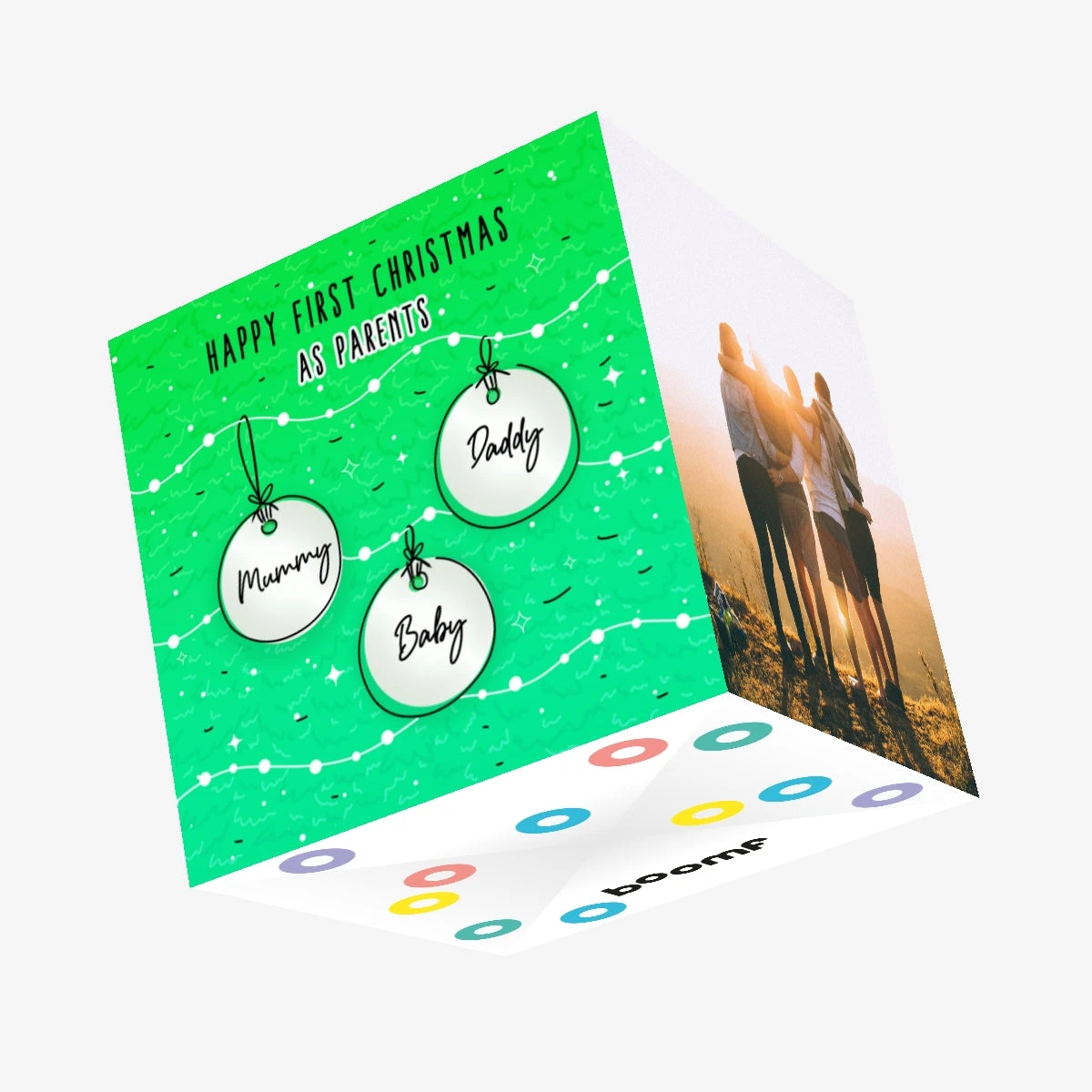 Green Themed Christmas Balls Merry 1st Christmas As Parents Confetti-exploding Greetings Card 3 Green Themed Christmas Balls Merry 1st Christmas As Parents Confetti-exploding Greetings Card